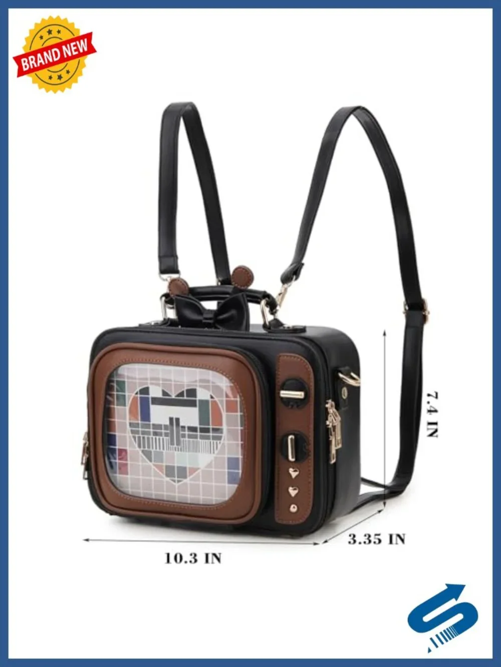 Retro TV Ita Bag Backpack with 2 Inserts, Faux Leather Display Purse